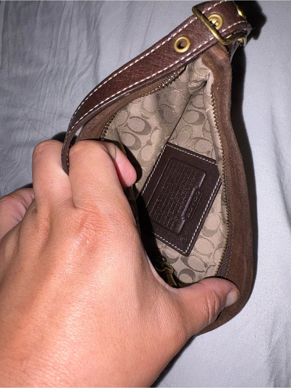 Coach Brown Suede Crossbody with Leather Strap and Gold Tag